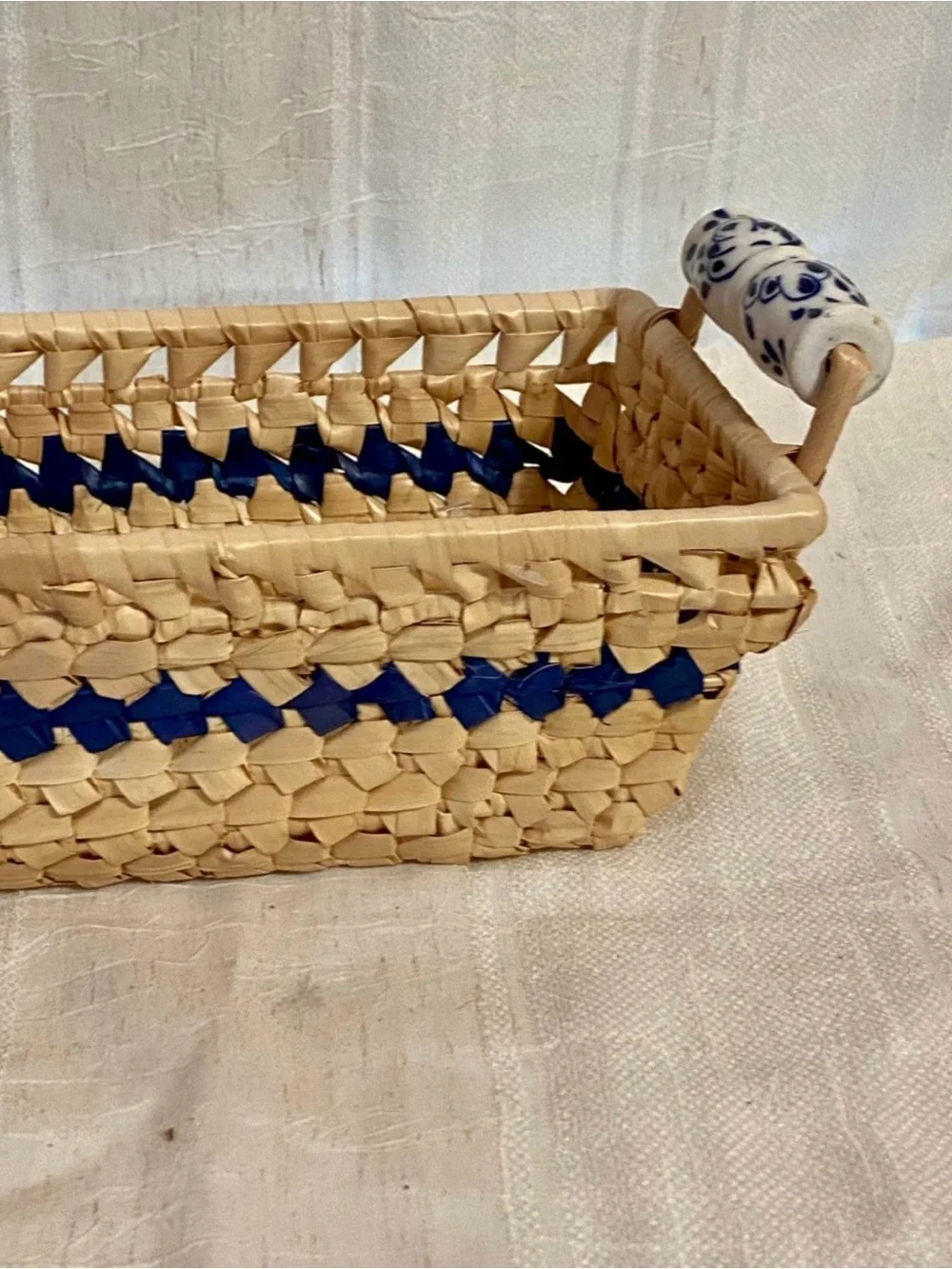 Title Vintage Blue White Chinoiserie Woven Bread Basket Ceramic Handles